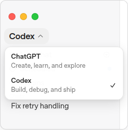 Official ChatGPT desktop product selector showing ChatGPT and Codex
